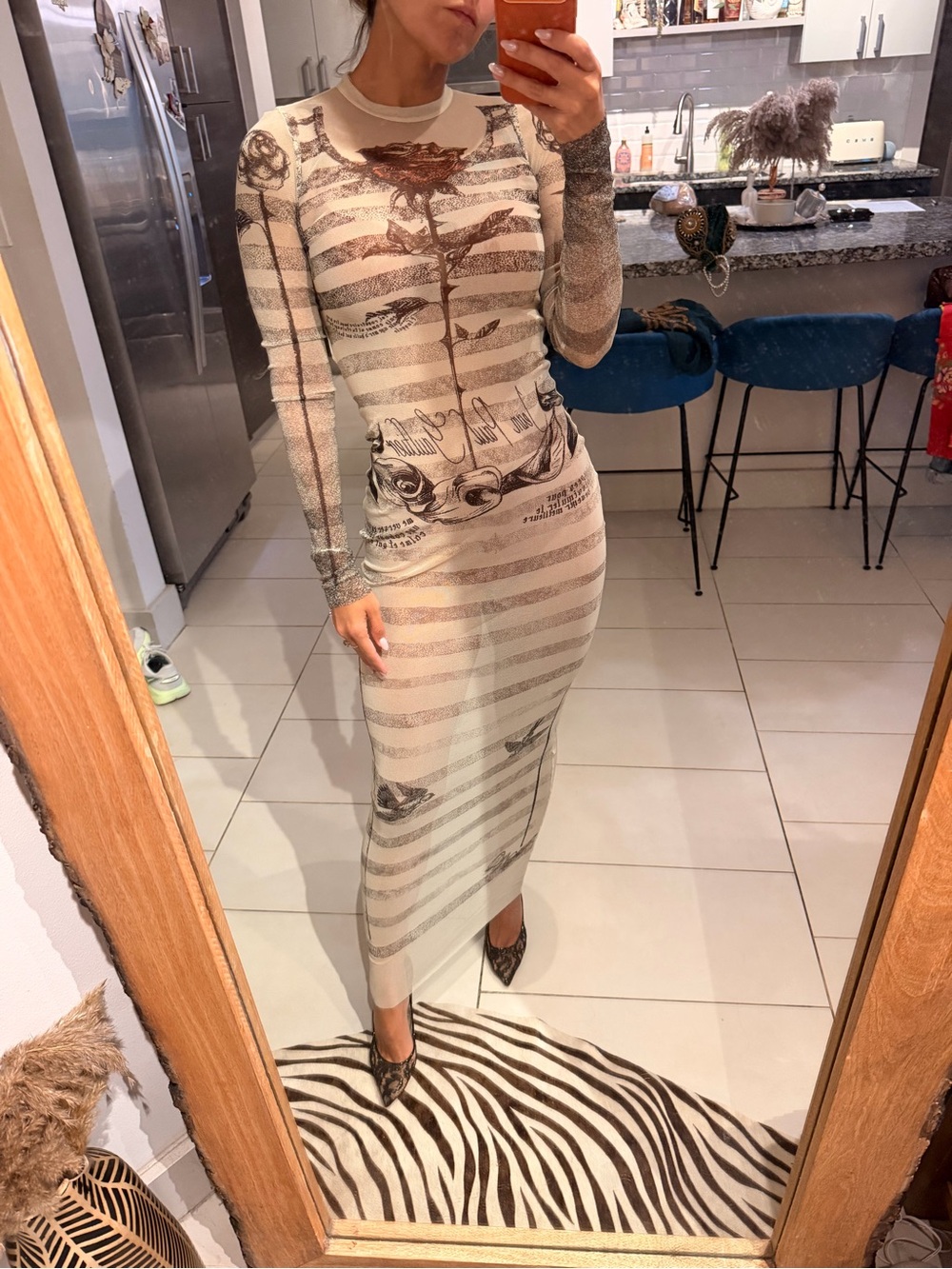 NWT Jean Paul Gaultier Beige and Brown Striped Long-Sleeve Maxi Dress